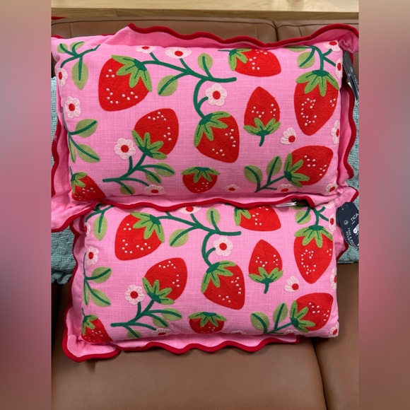 Nautica Pink & Red Strawberry & Daisy Embroidered Decorative Throw 2 PillowsNEW